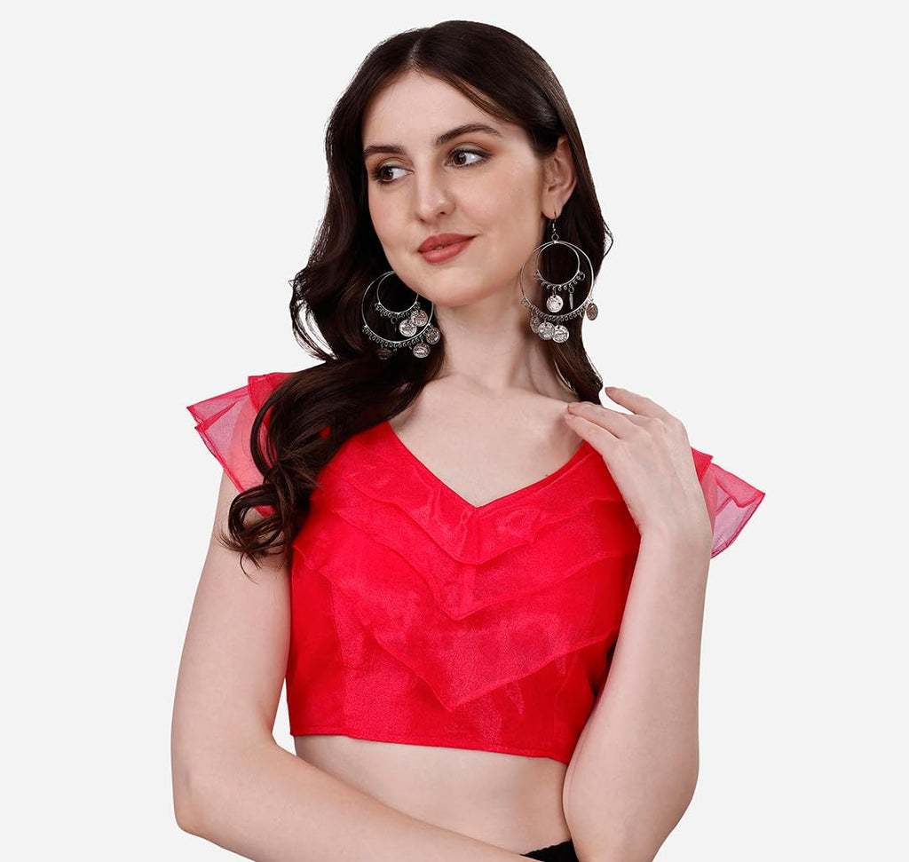 Pujia Mills Womens V Neck Orgenza Three Layer Ruffle Sleeve Frill Readymade Saree Blouse