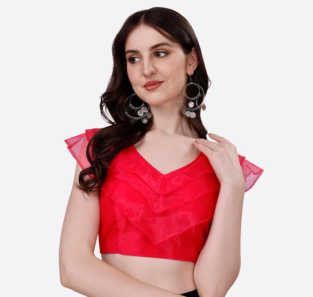 Pujia Mills Womens V Neck Orgenza Three Layer Ruffle Sleeve Frill Readymade Saree Blouse
