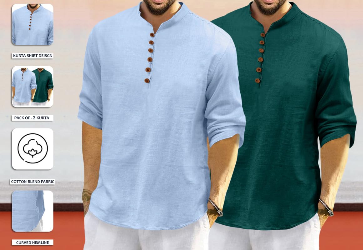 Macsivo MenS Cotton Blend Kurta | Band Collar | Casual | Plain | Formal | Full Sleeve | Summer | Regular Fit - (Combo Pack Of 2