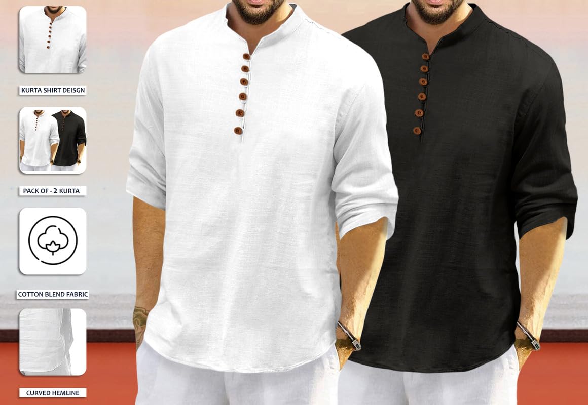Macsivo MenS Cotton Blend Kurta | Band Collar | Casual | Plain | Formal | Full Sleeve | Summer | Regular Fit - (Combo Pack Of 2