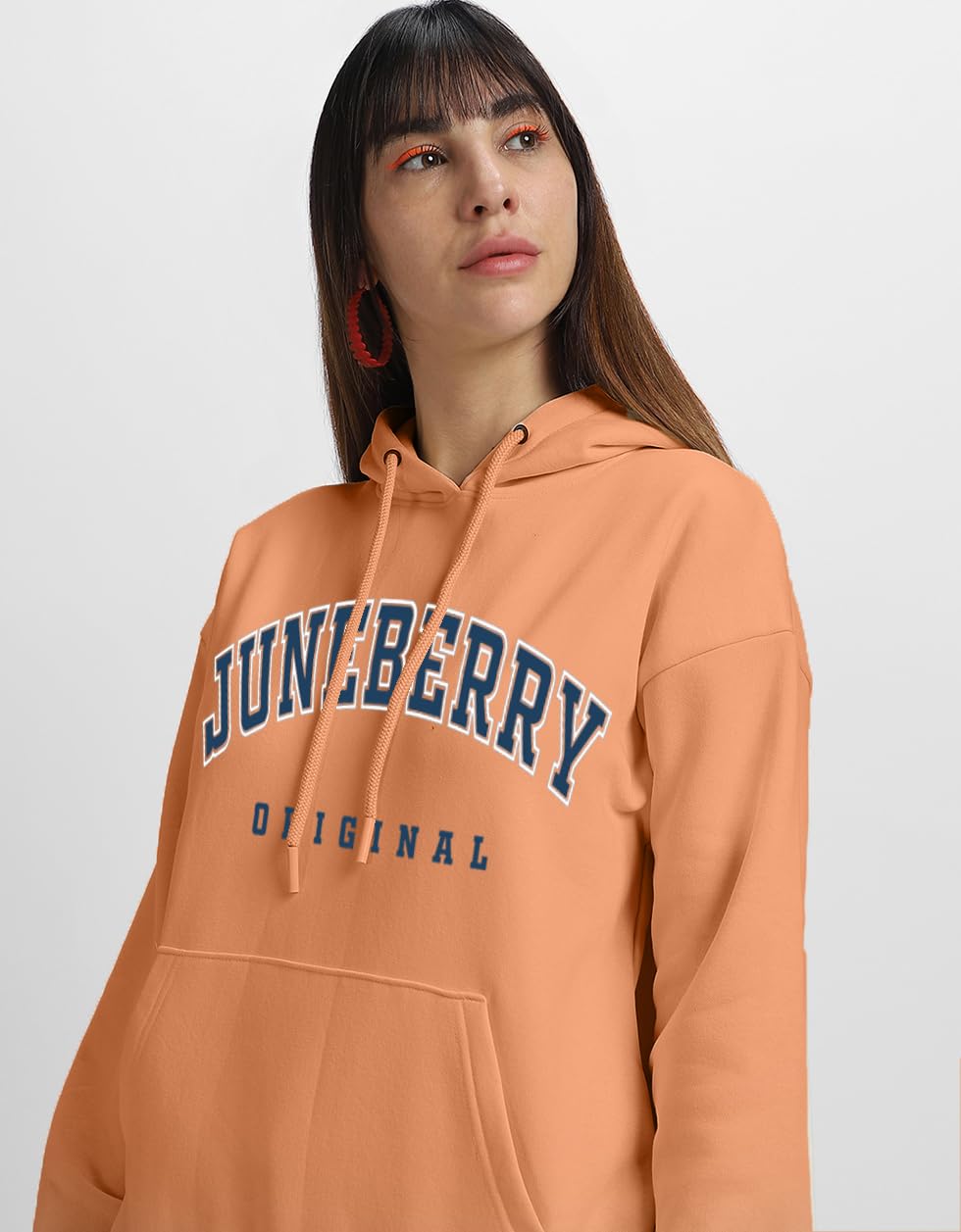 Juneberry Fleece Oversized Baggy Fit Hooded Sweatshirt Drop Shoulder Typographic Logo Printed Full Sleeve Hoodie For Women (Os_H