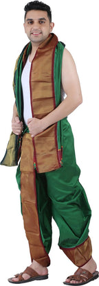 Prakasam Cotton Mens Asha Silk Panchakacham Ready To Wear Dhoti Towel Set With Pocket/Panchakacham Dhoti With Angavastram (Stitc