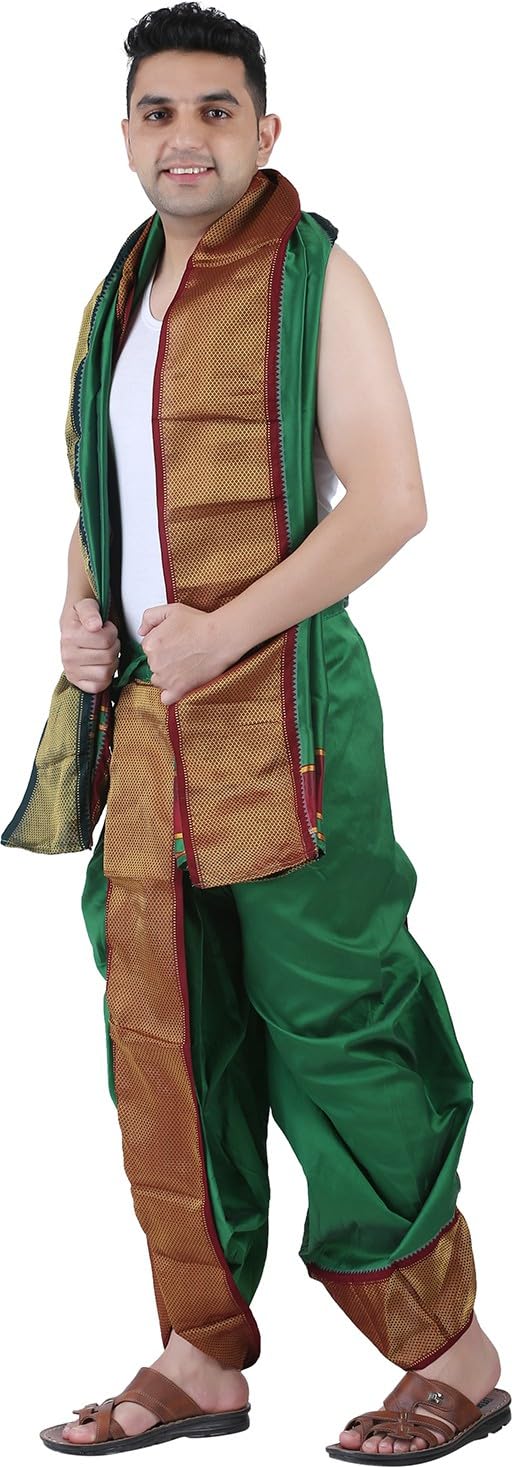 Prakasam Cotton Mens Asha Silk Panchakacham Ready To Wear Dhoti Towel Set With Pocket/Panchakacham Dhoti With Angavastram (Stitc