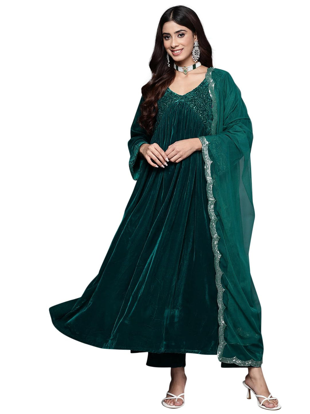 Libas Womens Embroidered Velvet A-Line Kurta With Trousers And Dupatta