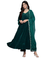 Libas Womens Embroidered Velvet A-Line Kurta With Trousers And Dupatta