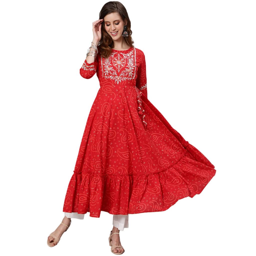 Ishin Women'S Cotton Anarkali Embroidered Zari Floral Print Red Kurti Kkgzi-16034_L_Red