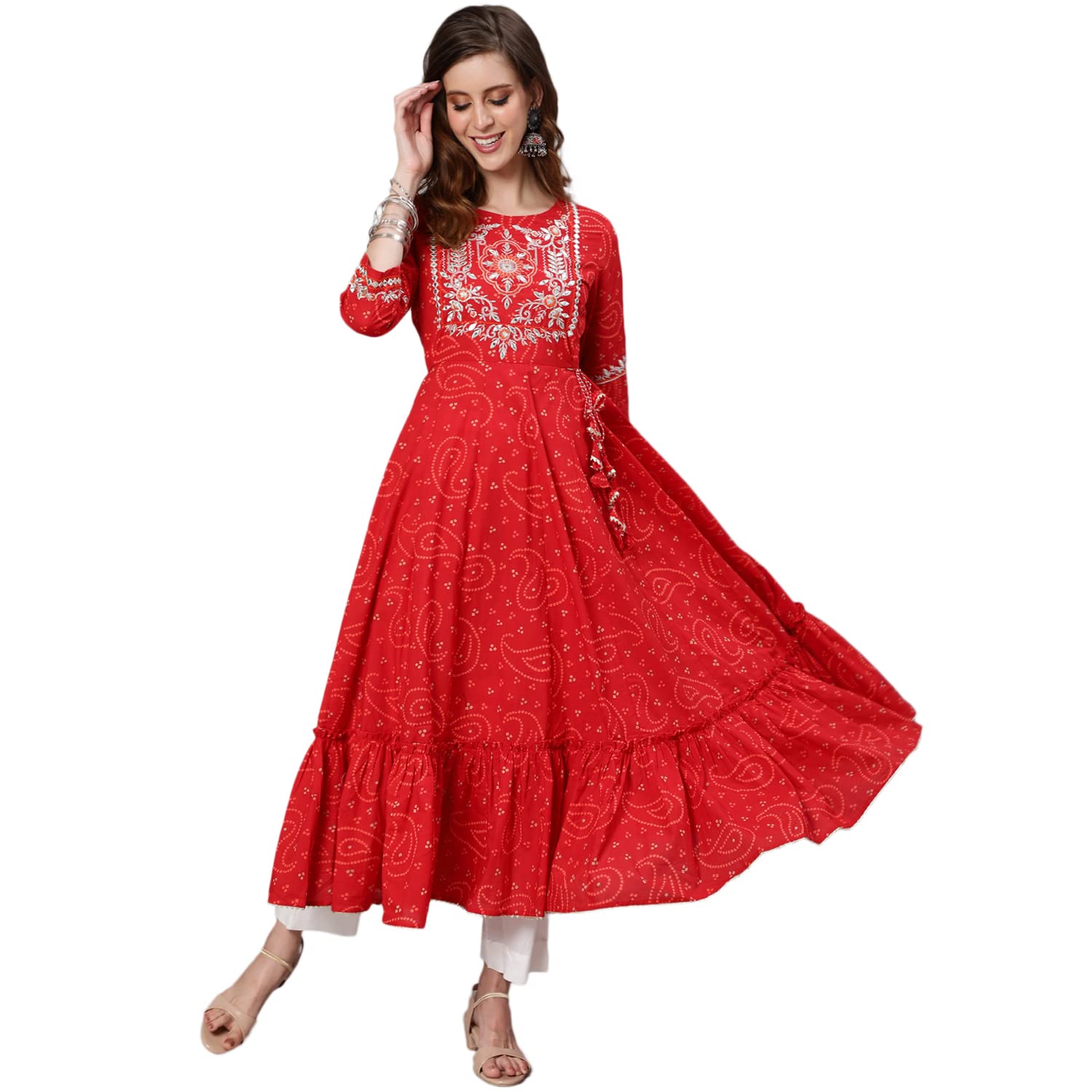 Ishin Women'S Cotton Anarkali Embroidered Zari Floral Print Red Kurti Kkgzi-16034_L_Red