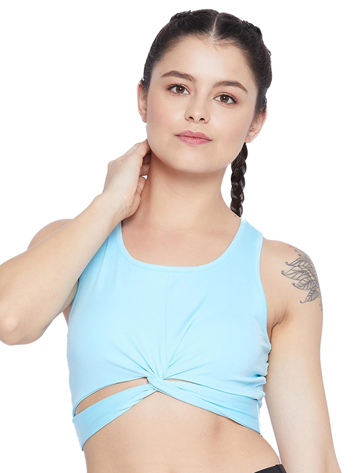 Clovia Womens Snug Fit Active Crop Top with Twist Knot (AT0139P03_Blue_XL)