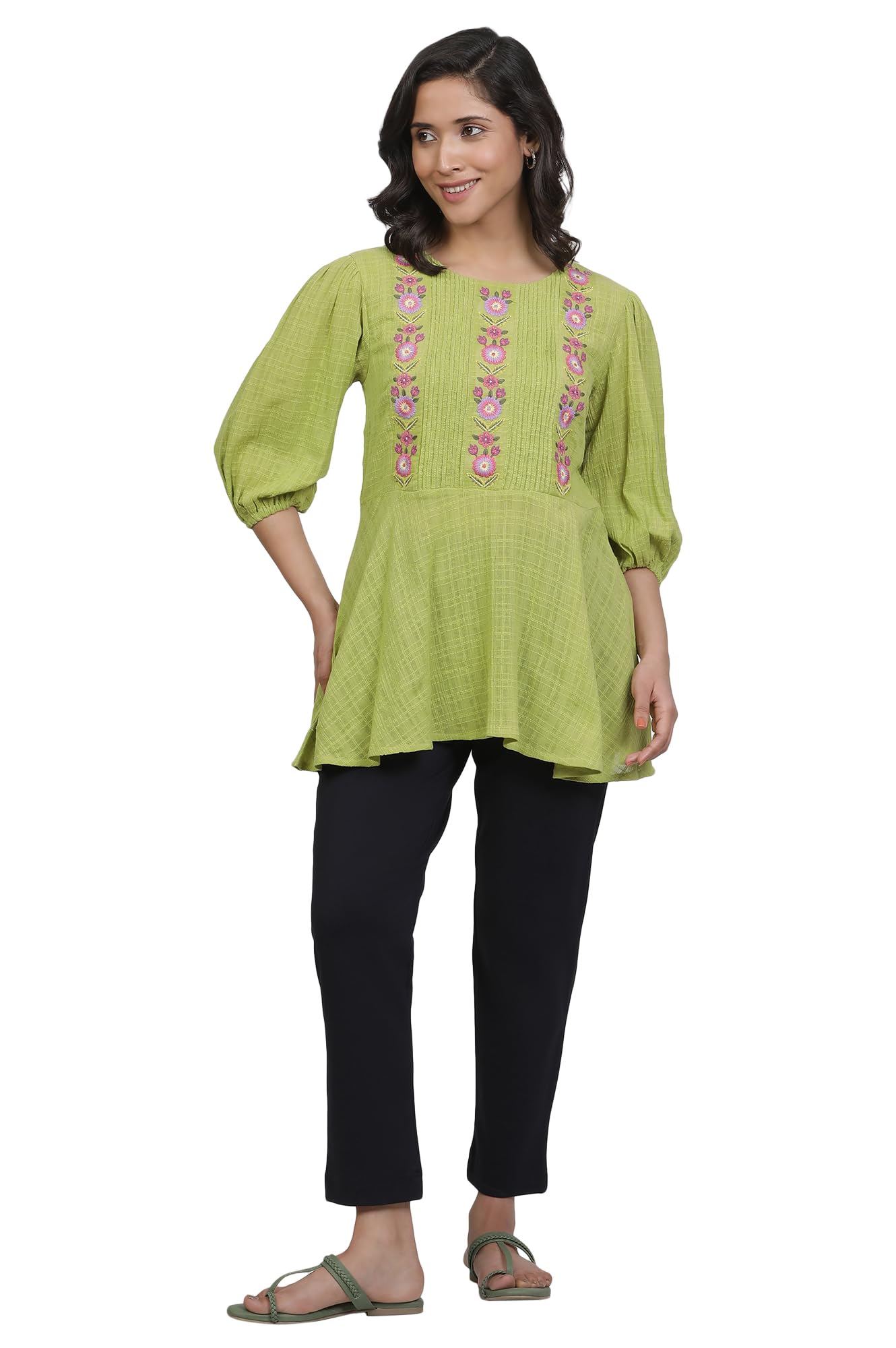W For Woman Green Embroidered Print Cotton Straight Top_24Few30974-221892_Xl