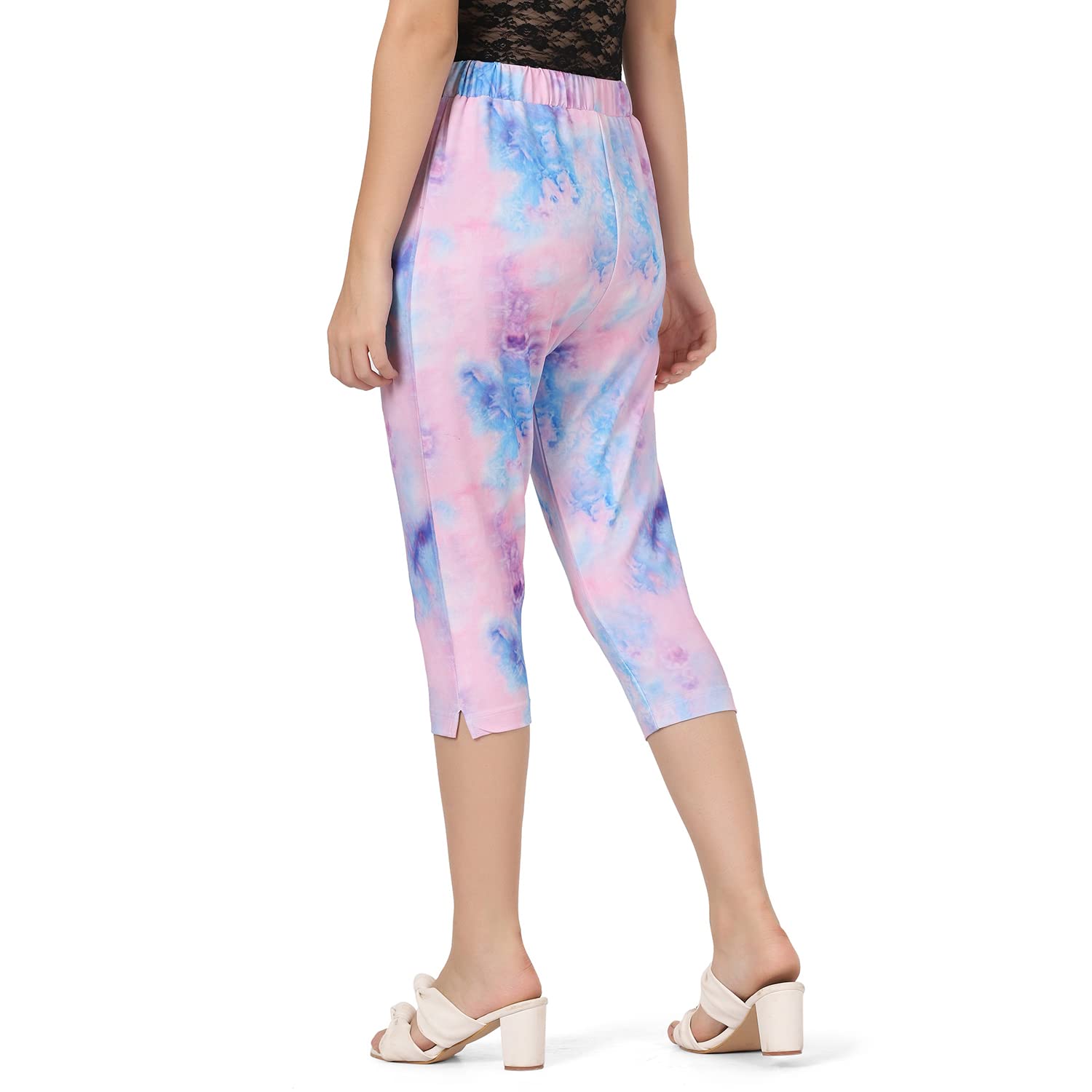OM SAI LATEST CREATION Womens Tie-Dye Calf Length Capri Cropped Leggings Cotton Lycra Fabric Slim Fit 3/4th | Pants (Grey_L) (S