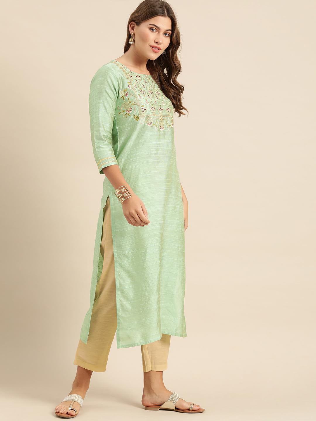 Varanga WomenS Sea Green Floral Embroidered Kurta  Ethnic, Stylish & Comfortable - Perfect For Casual & Formal Occasions (Extra