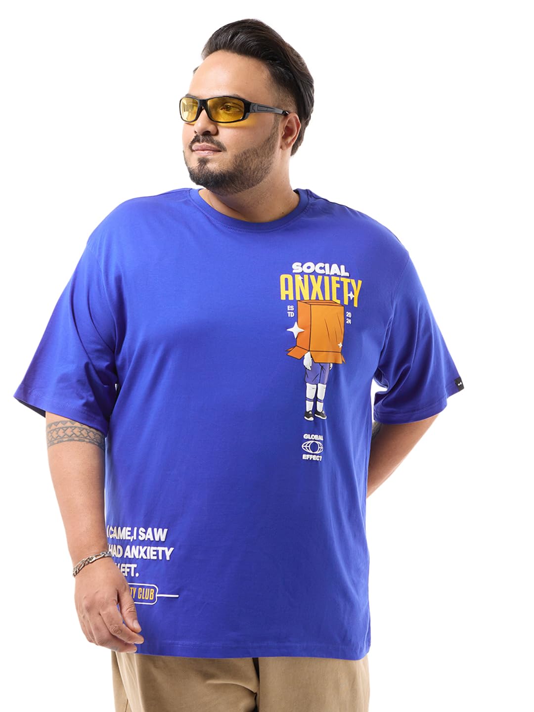 Bewakoof Mens Graphic Print Oversized Fit Half Sleeve Round Neck Cotton Jersey Plus Size T-Shirt_637621_Blue_4XL