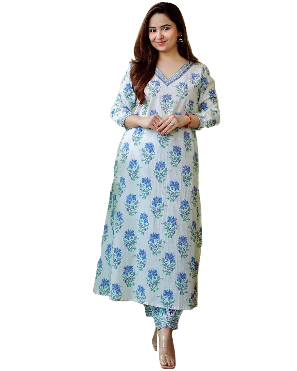 ANNI DESIGNER Womens Cotton Blend Printed Straight Kurta with Pant (Dhara White_L_White_Large)