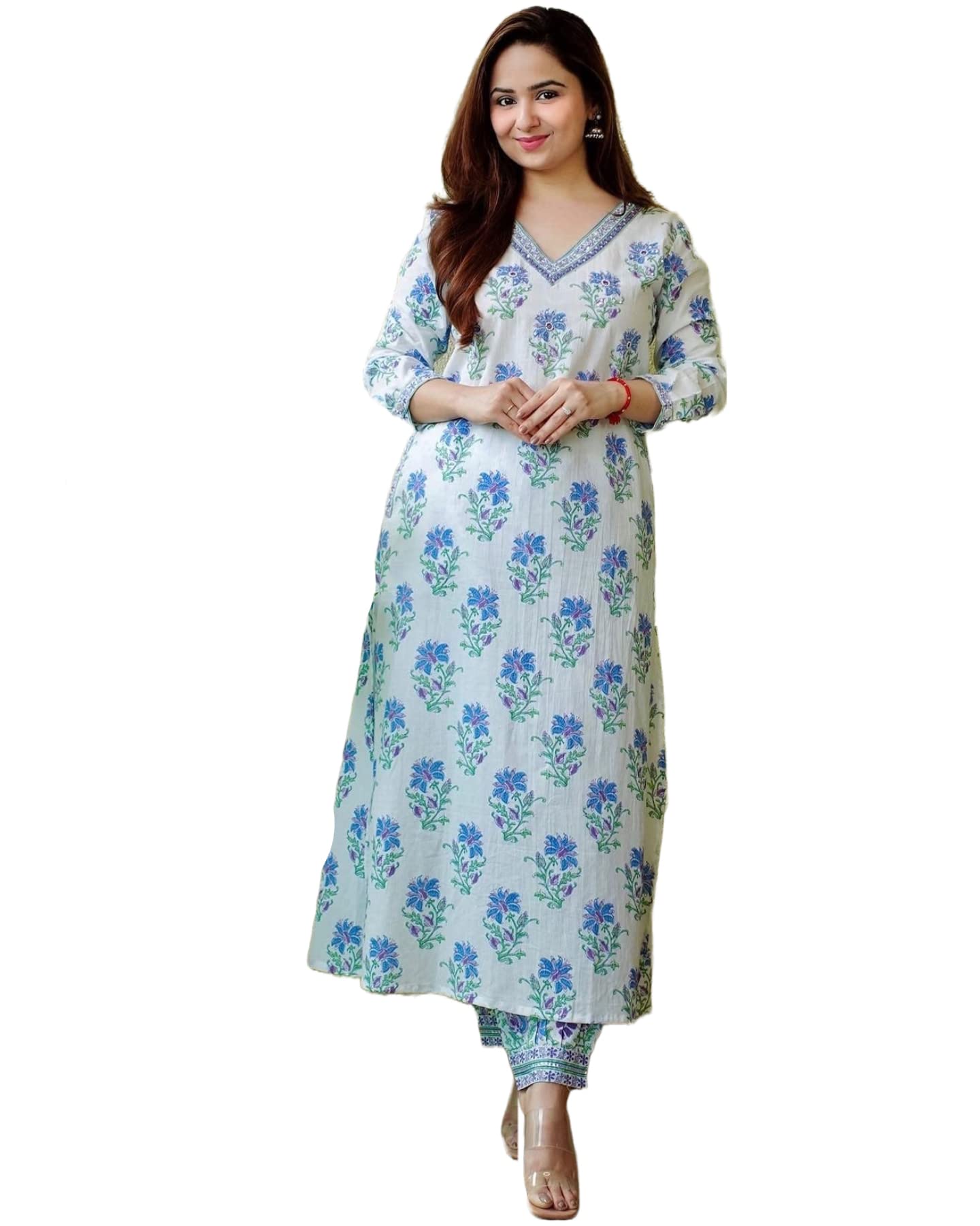 ANNI DESIGNER Womens Cotton Blend Printed Straight Kurta with Pant (Dhara White_L_White_Large)