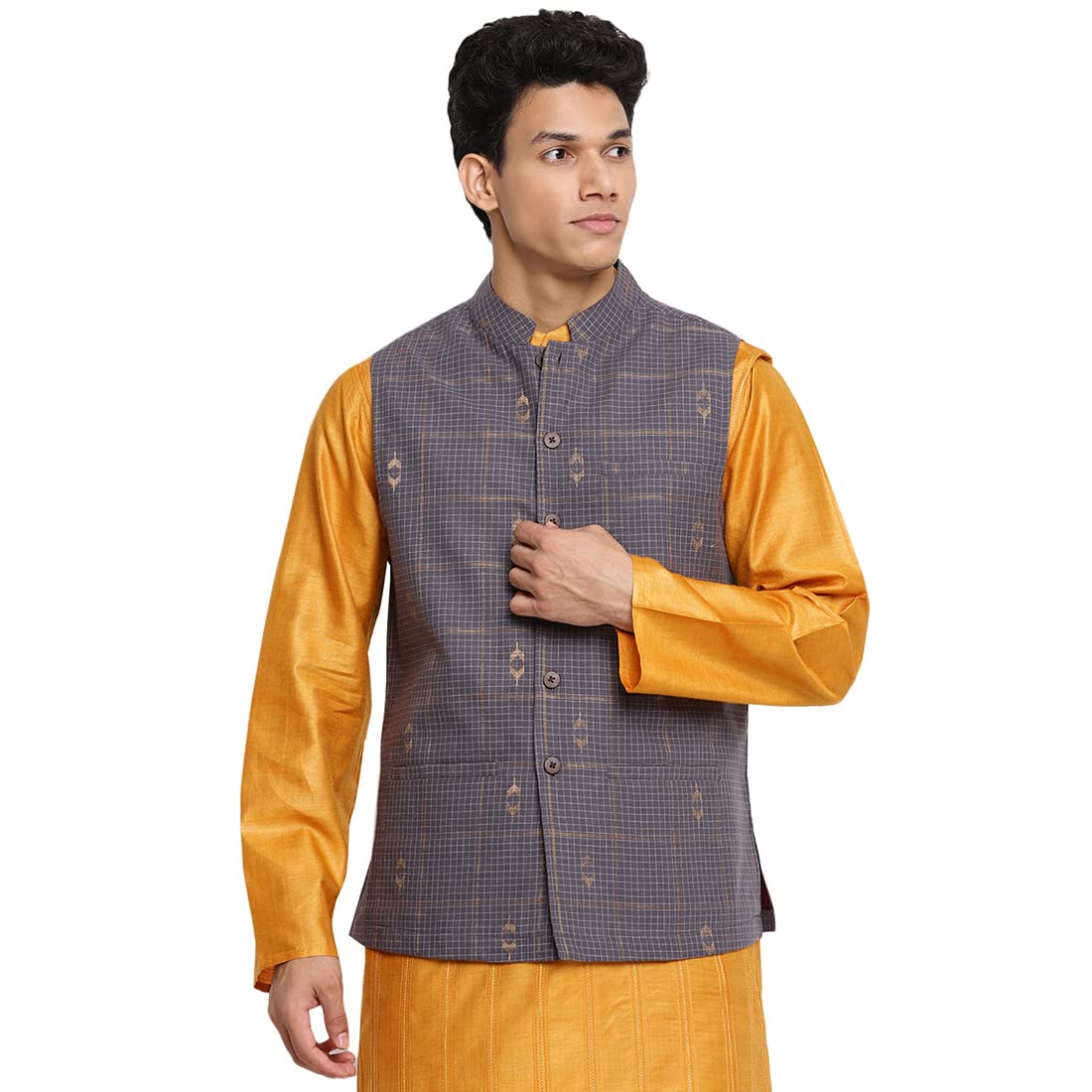 Fabindia Men Cotton Checks Nehru Jacket Grey_S