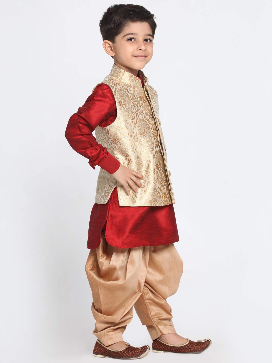 Vastramay Banarasi Brocade Woven Jacquard Nehru/Modi Jacket With Silk Pathani Kurta & Dhoti Pant Set  Traditional Ethnic Wear Fo