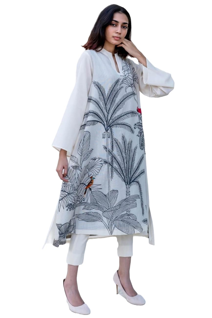 ANNI DESIGNER Womens Cotton Blend Straight Printed Kurta with Pant (Nabhita White_L_White_Large)