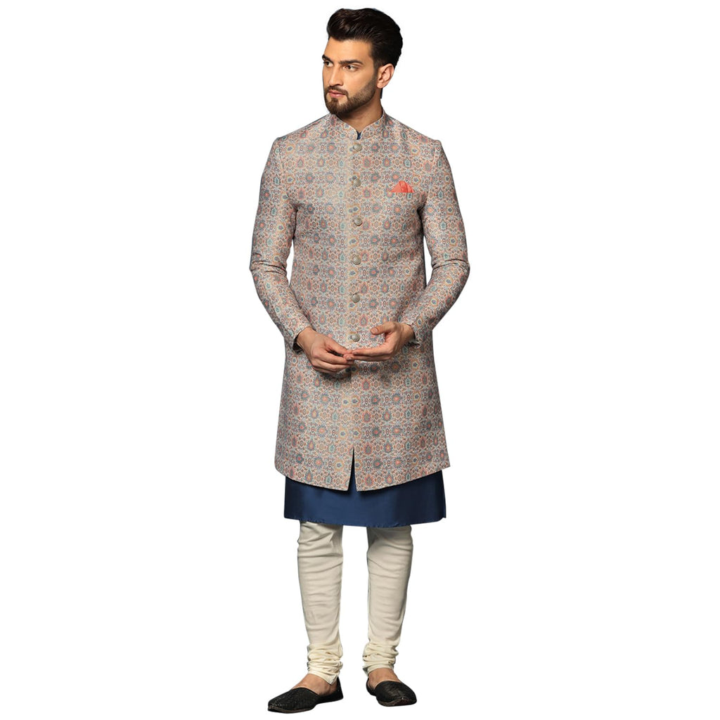 Kisah MenS Grey And Blue Indo-Western Kurta Sherwani Churidar Set Cotton Full Sleaves, Knee Length, Straight, Regular Fit, Mand
