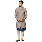 Kisah MenS Grey And Blue Indo-Western Kurta Sherwani Churidar Set Cotton Full Sleaves, Knee Length, Straight, Regular Fit, Mand