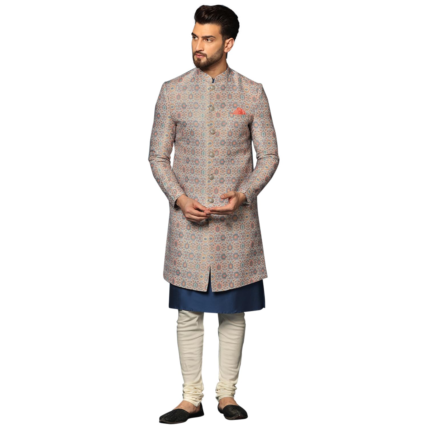 Kisah MenS Grey And Blue Indo-Western Kurta Sherwani Churidar Set Cotton Full Sleaves, Knee Length, Straight, Regular Fit, Mand