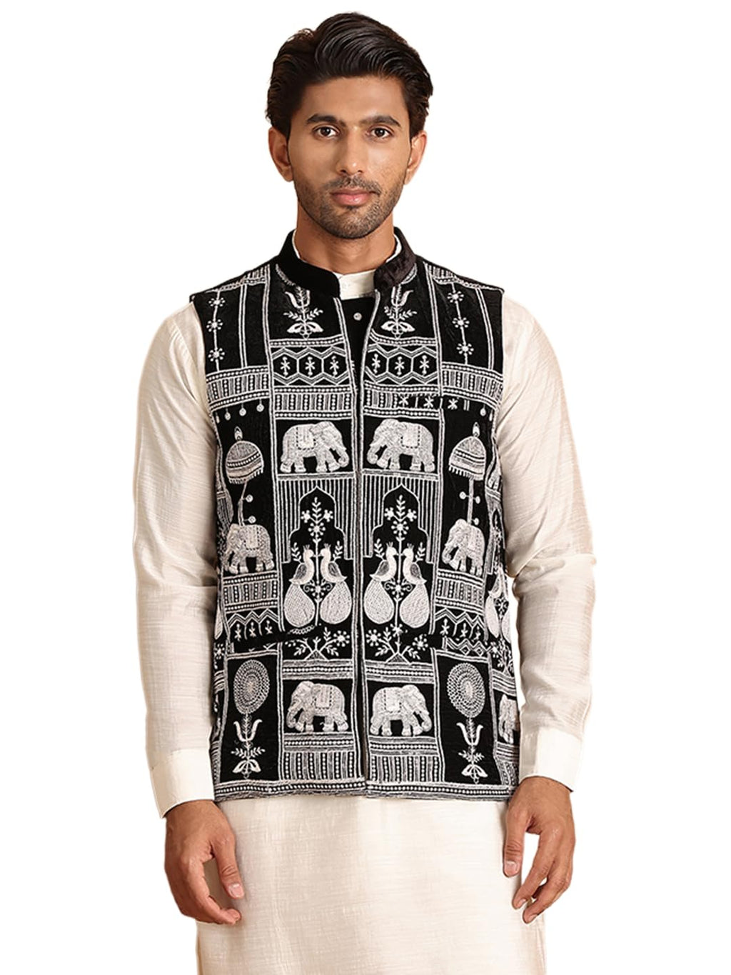 Jompers Mens Embroidered Velvet Nehru Jacket