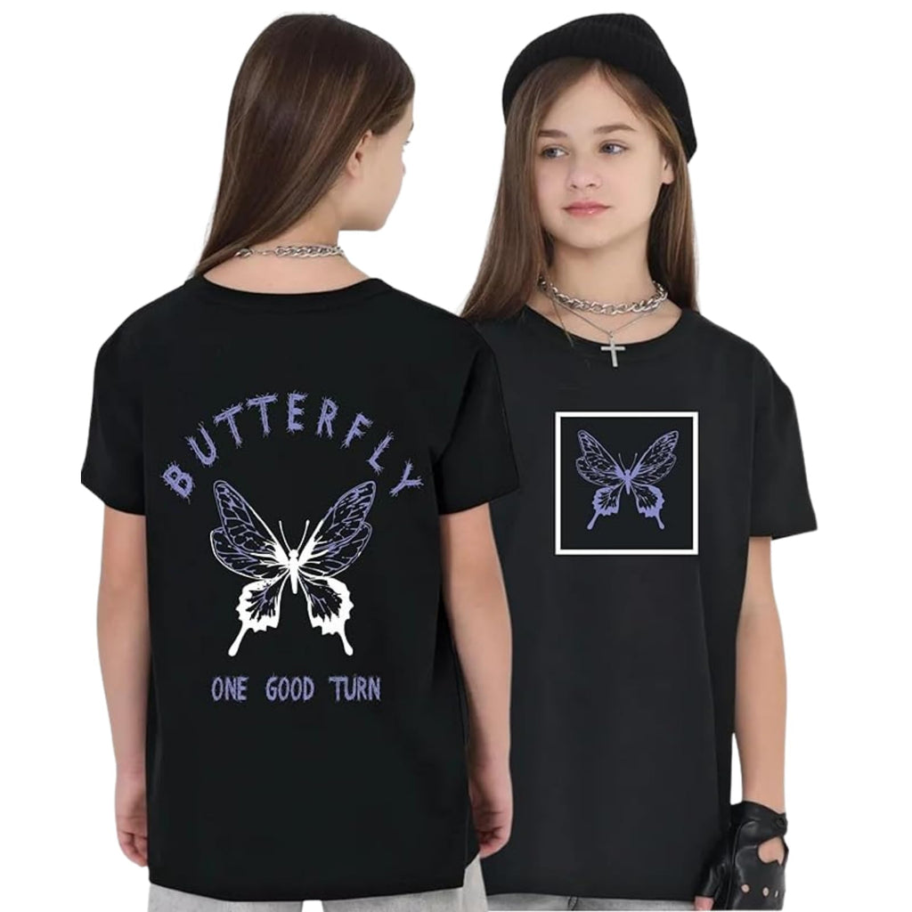 Uniplanet Store GirlS Cotton T-Shirts With Butterfly Graphic Prints Round Neck Half Sleeves Regular Fit And Standard Length Bla