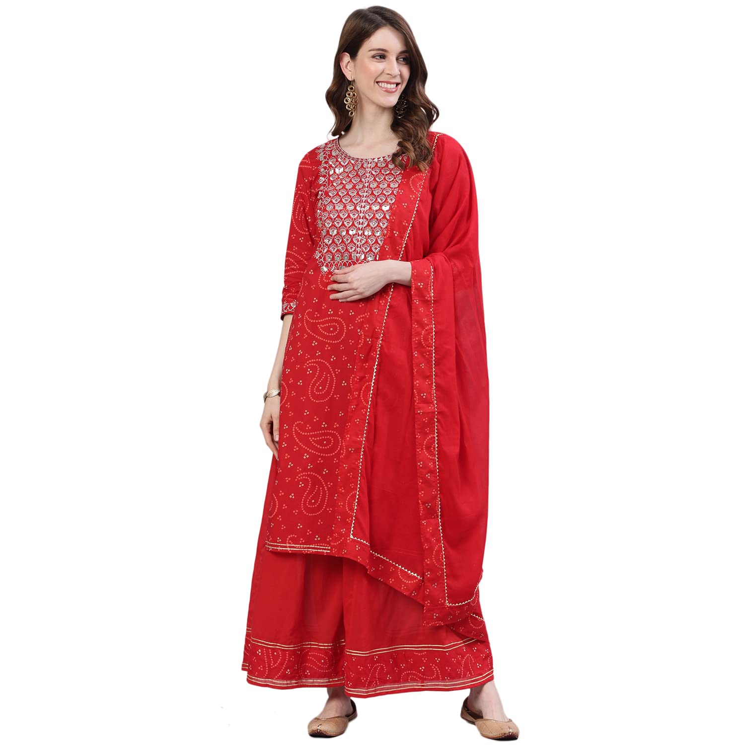 Ishin Women'S Red Bandhani Embroidered A-Line Kurta Sharara Dupattta Set