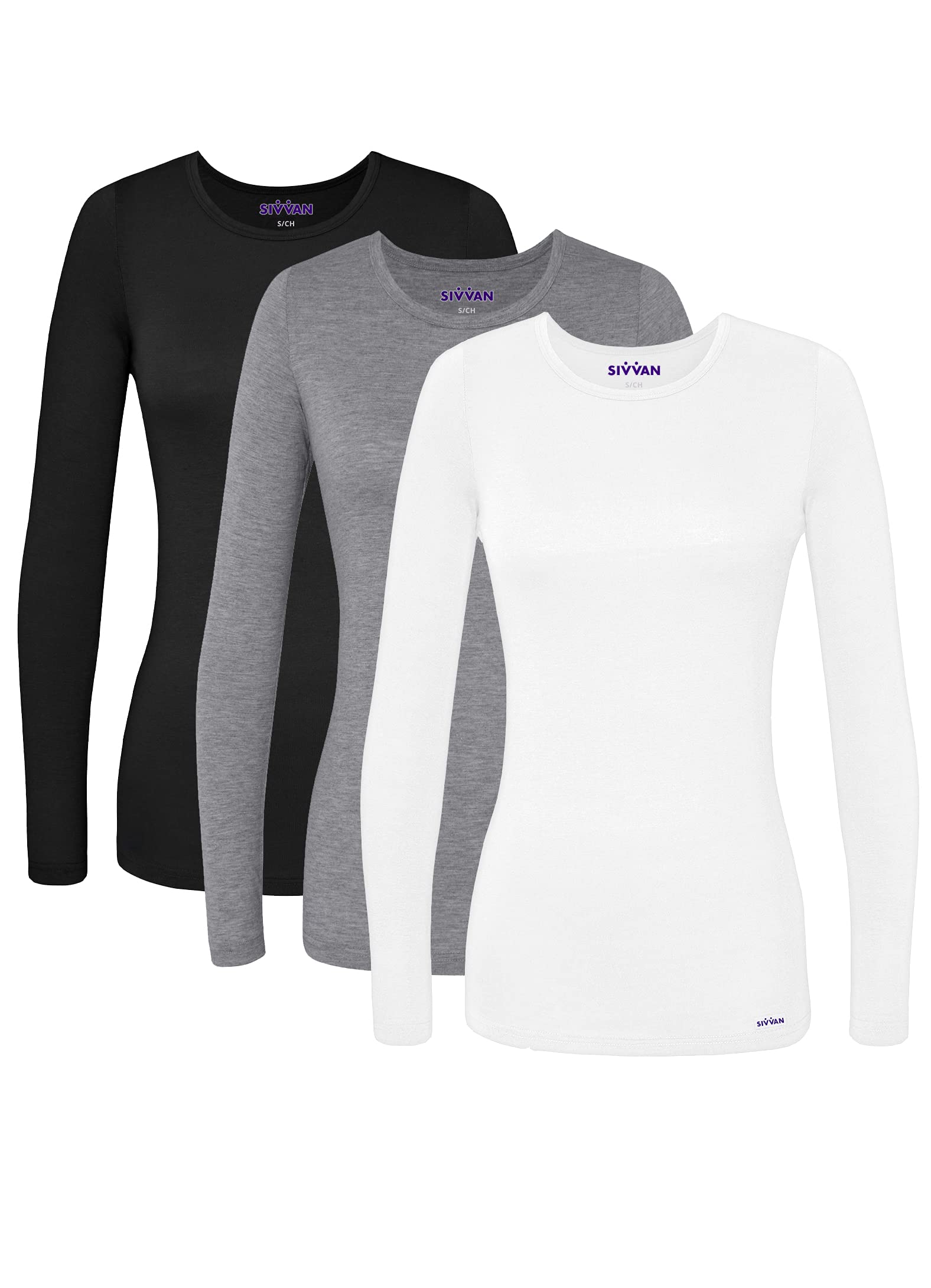Sivvan Scrubs for Women - Long Sleeve comfort Underscrub Tee 3-Pack - S85003 - White - S