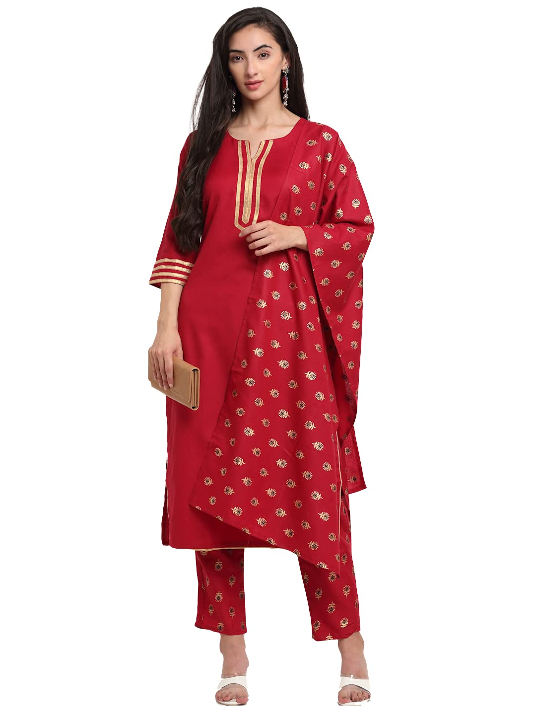 ANNI DESIGNER Ladies Cotton Blend Kurta with Trousers and Dupatta, red, XL