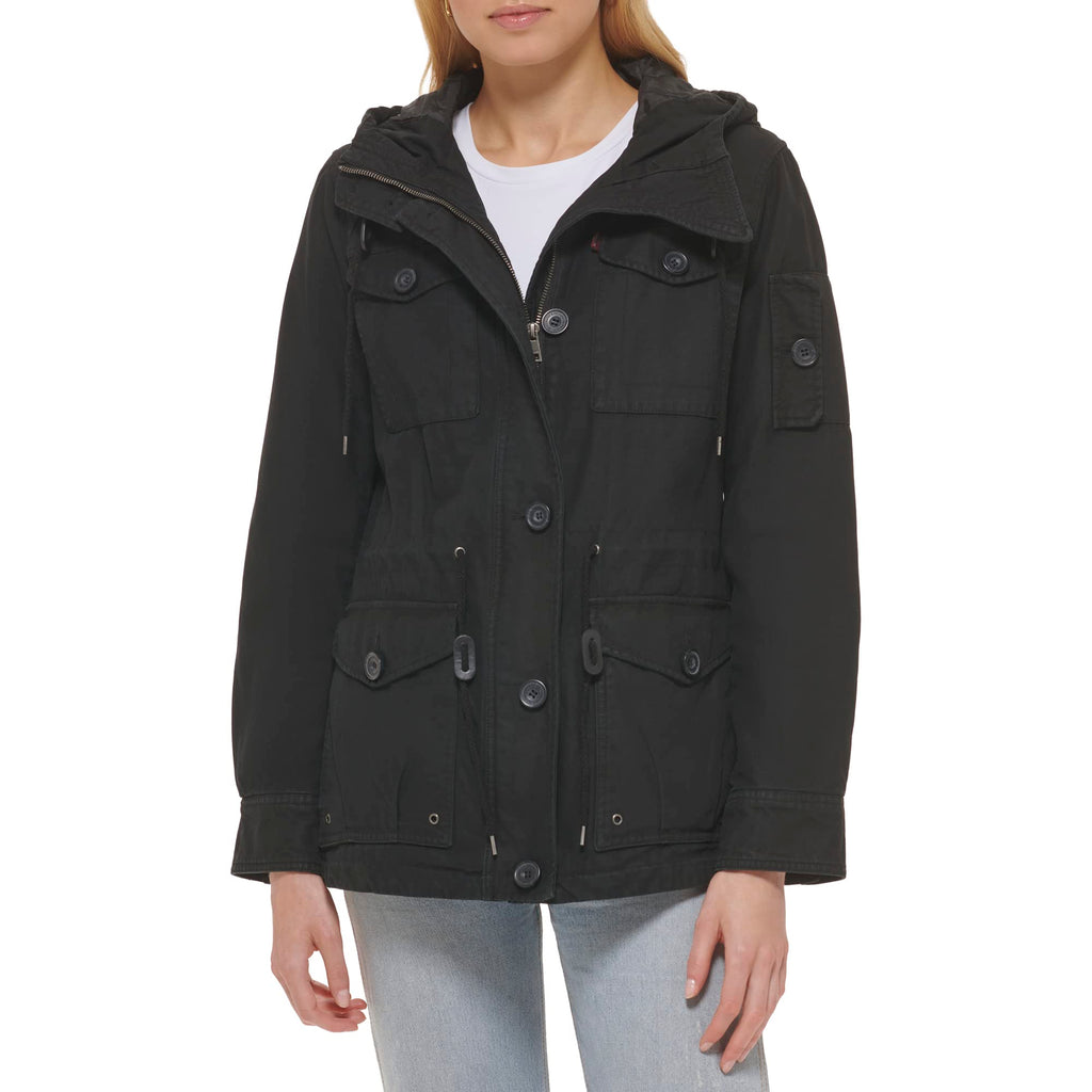 Levi's Women's Cotton Four Pocket Hooded Field Jacket, black, L