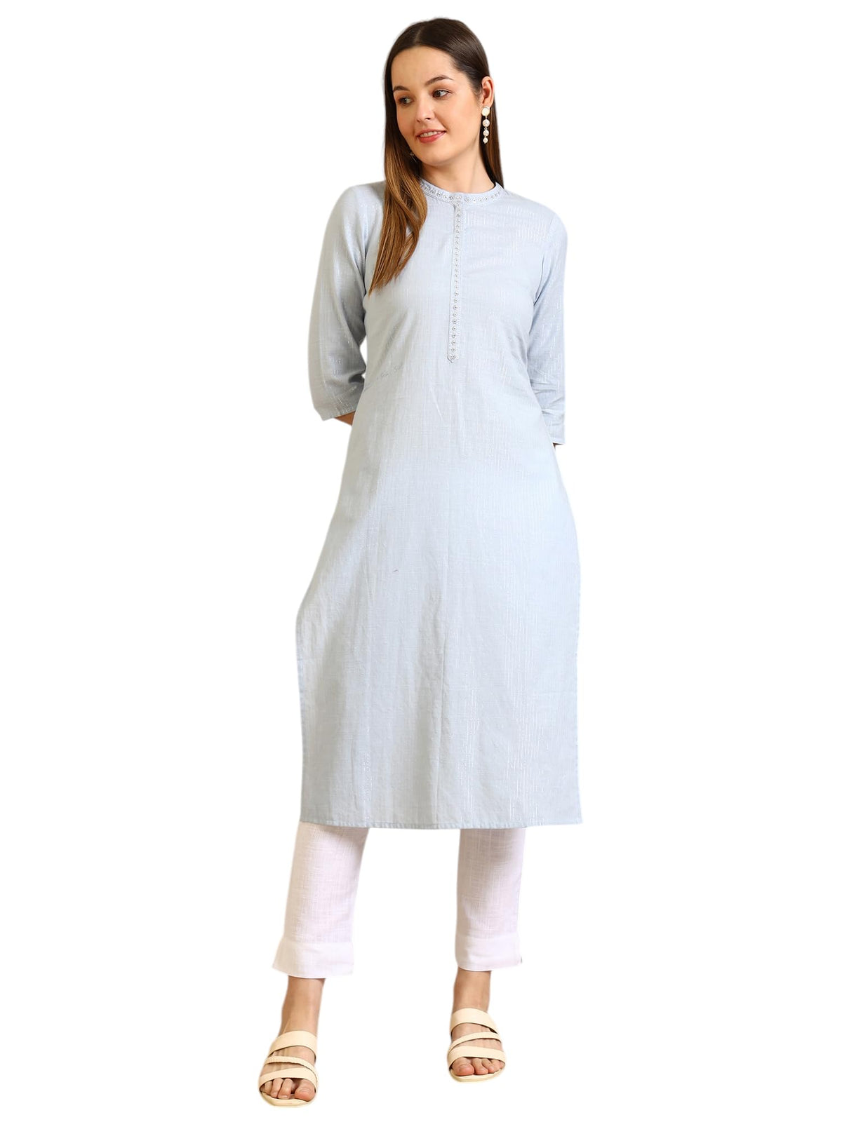 Aurelia WomenS Dusty Blue Embroidered Cotton Lurex Straight Kurta (Size: Xl)-A15796-704238