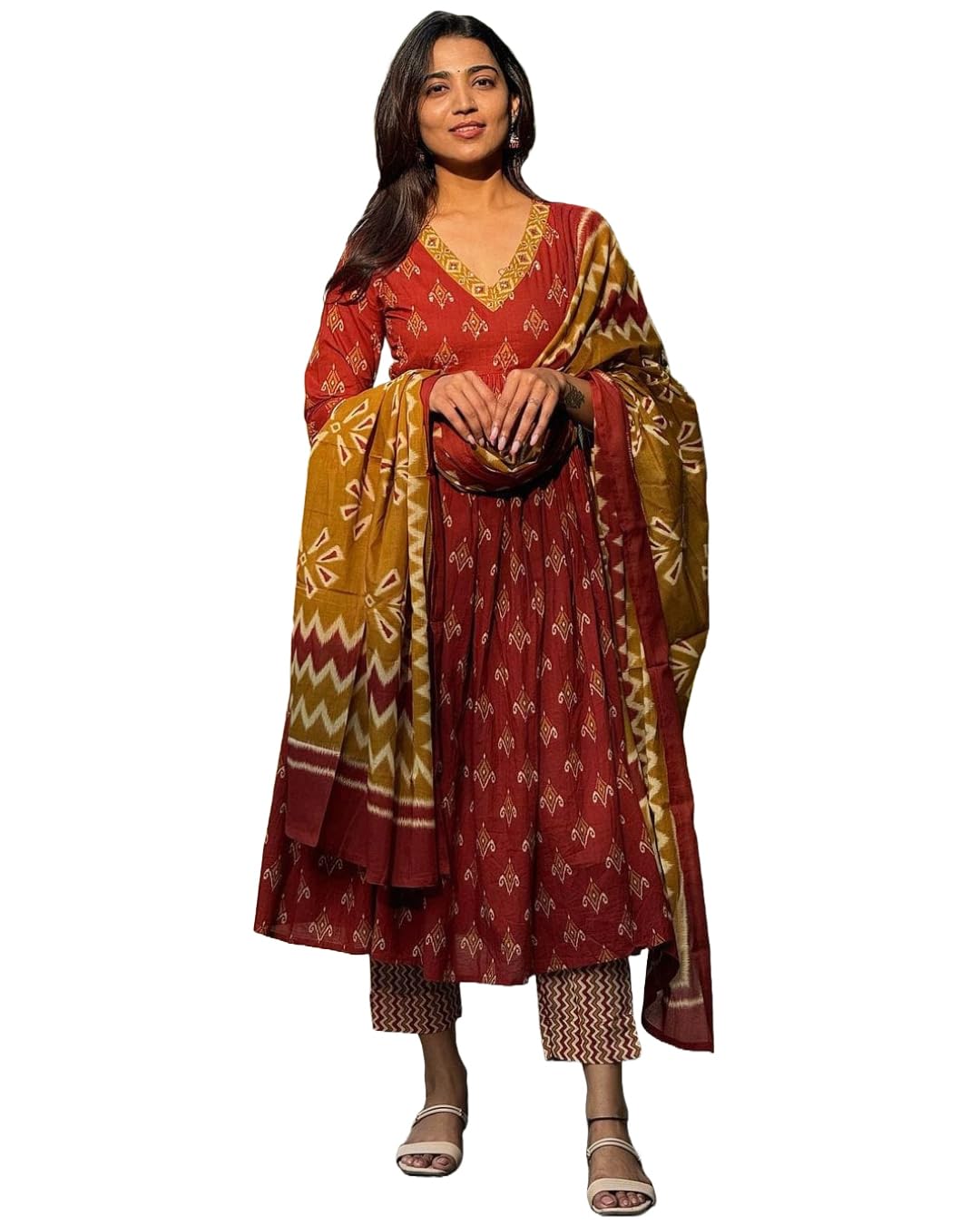 ANNI DESIGNER Womens Rayon Blend Anarkali Printed Kurta with Pant & Dupatta (Nirmal Maroon_L_Maroon_Large)