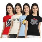 Preneum Womens Cotton Regular Fit Latest Graphic Stylish Printed Short Sleeves Casual T-Shirt || Trending & Style (Pack 4), Red