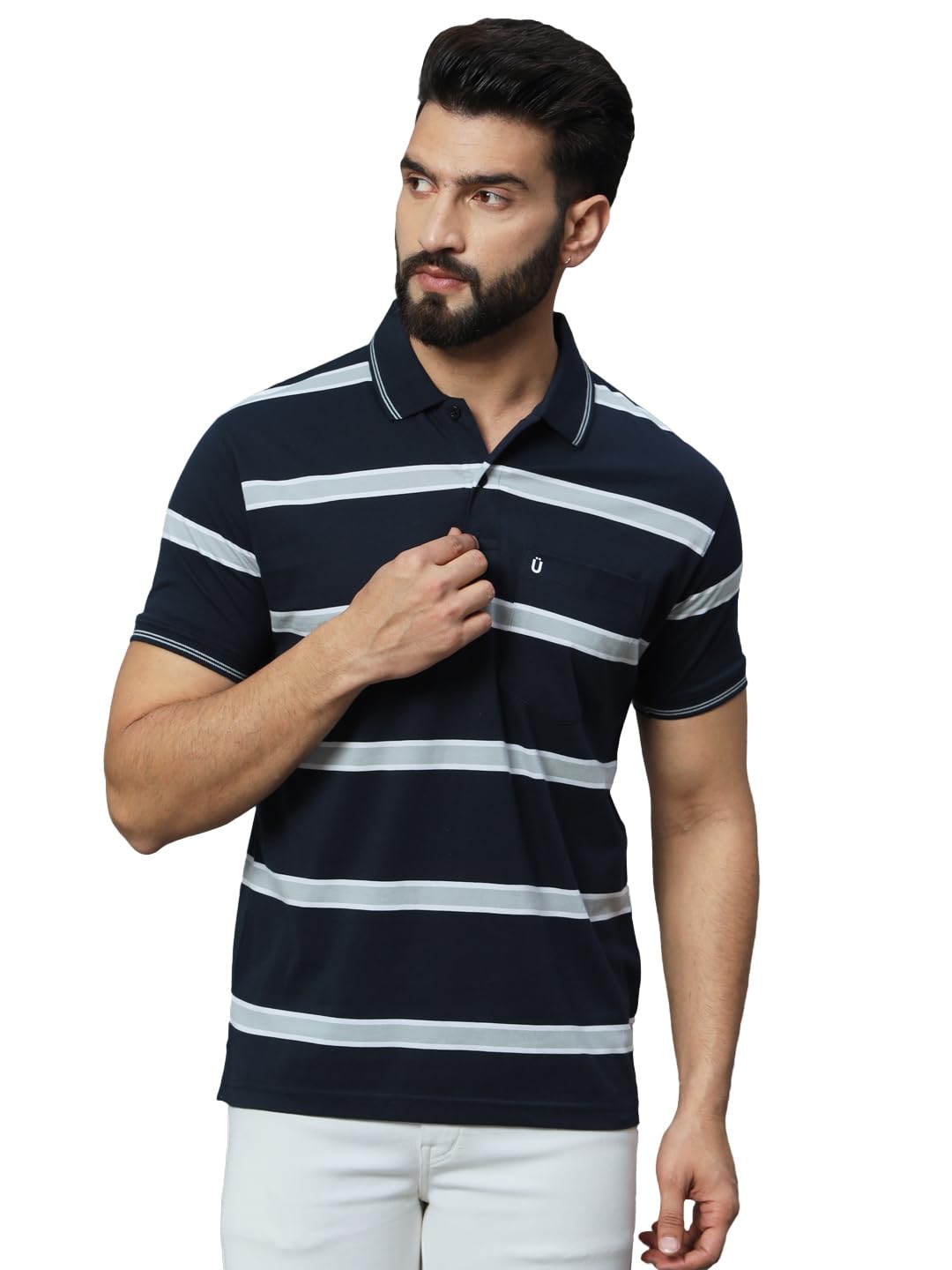 UNIBERRY Mens Cotton Blend Polo Collar Striper T Shirt Has A Short Sleeves & Pocket On ChestMT3NSB_3XL Navy Sky Blue 3
