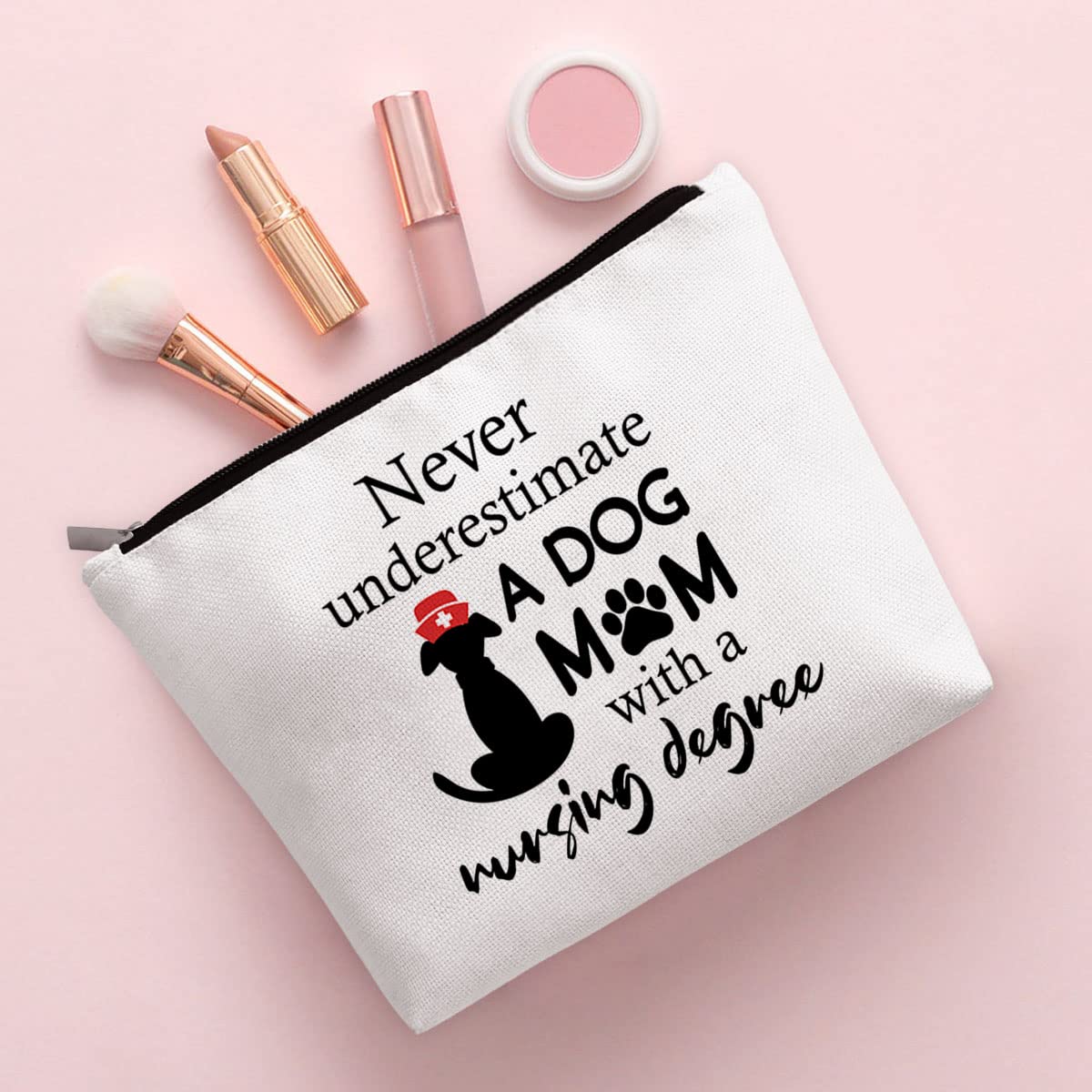 Nurse and Dog Mom Cosmetic Bag Gift, Dog Lover Gift, Nurse Appreciation Graduation Gift, Never Underestimate A Dog Mom with A Nu