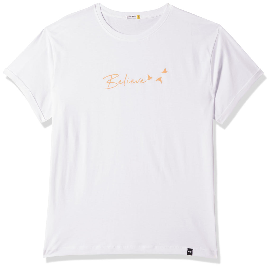 Bewakoof Women Minimal Believe Boyfriend White Half Sleeve Round Neck Printed T-Shirt