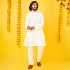 Bon Organik White Silk Kurta With Pajama Set For Men