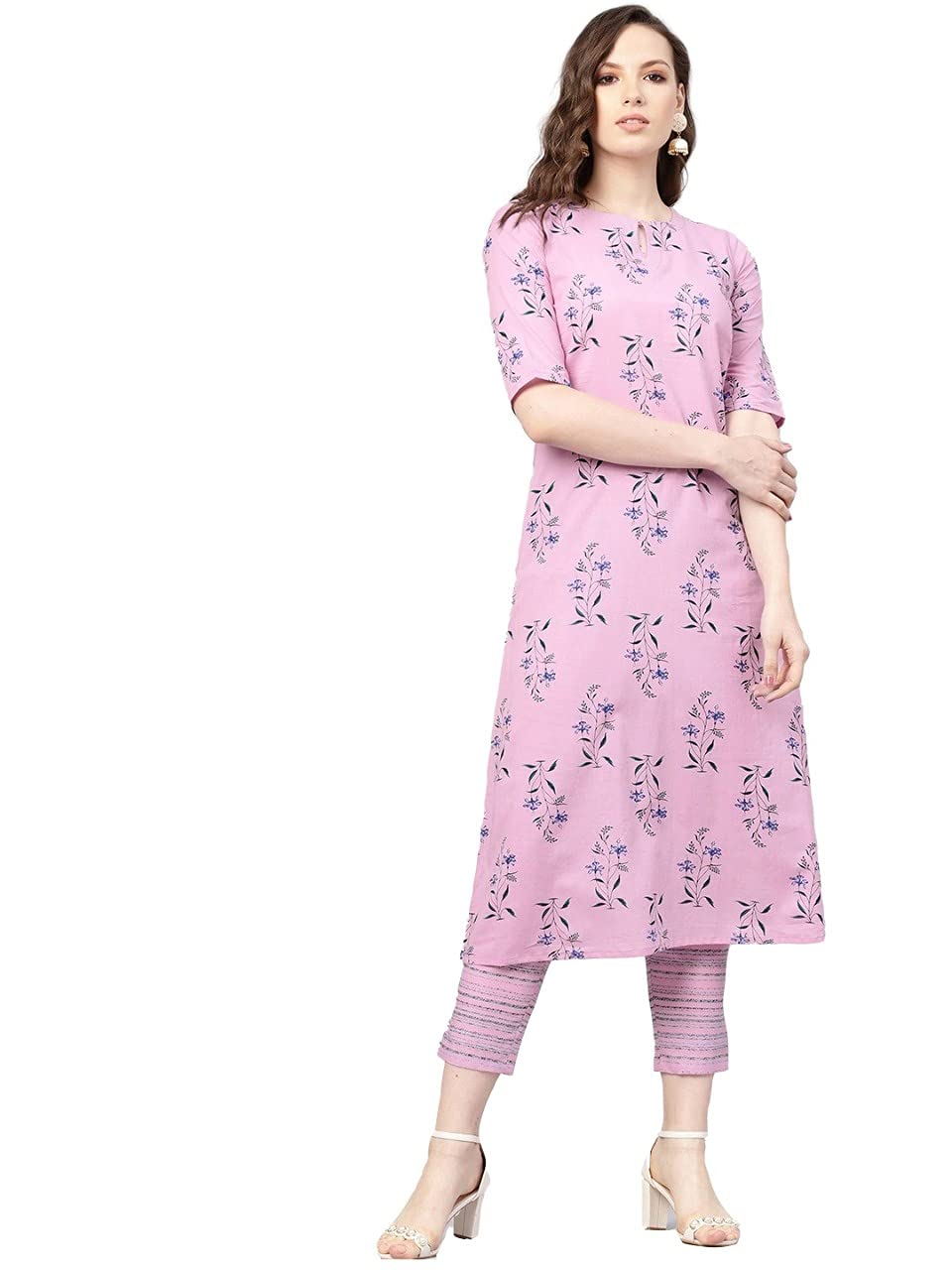 Gosriki Women'S Cotton Straight Printed Kurta With Pant (Pink,S)