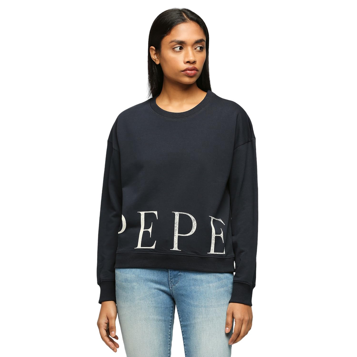 Pepe Jeans WomenS Cotton Blend Round Neck Sweatshirt (Pl581416_Dulwich Blue