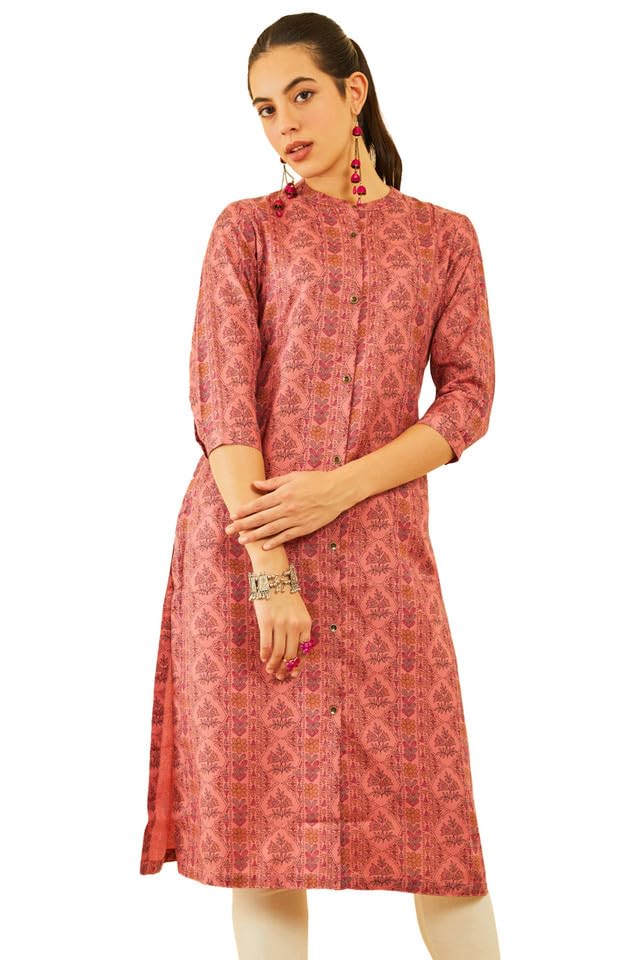 Soch Womens Peach-Coloured Rayon Floral Printed Straight Kurta