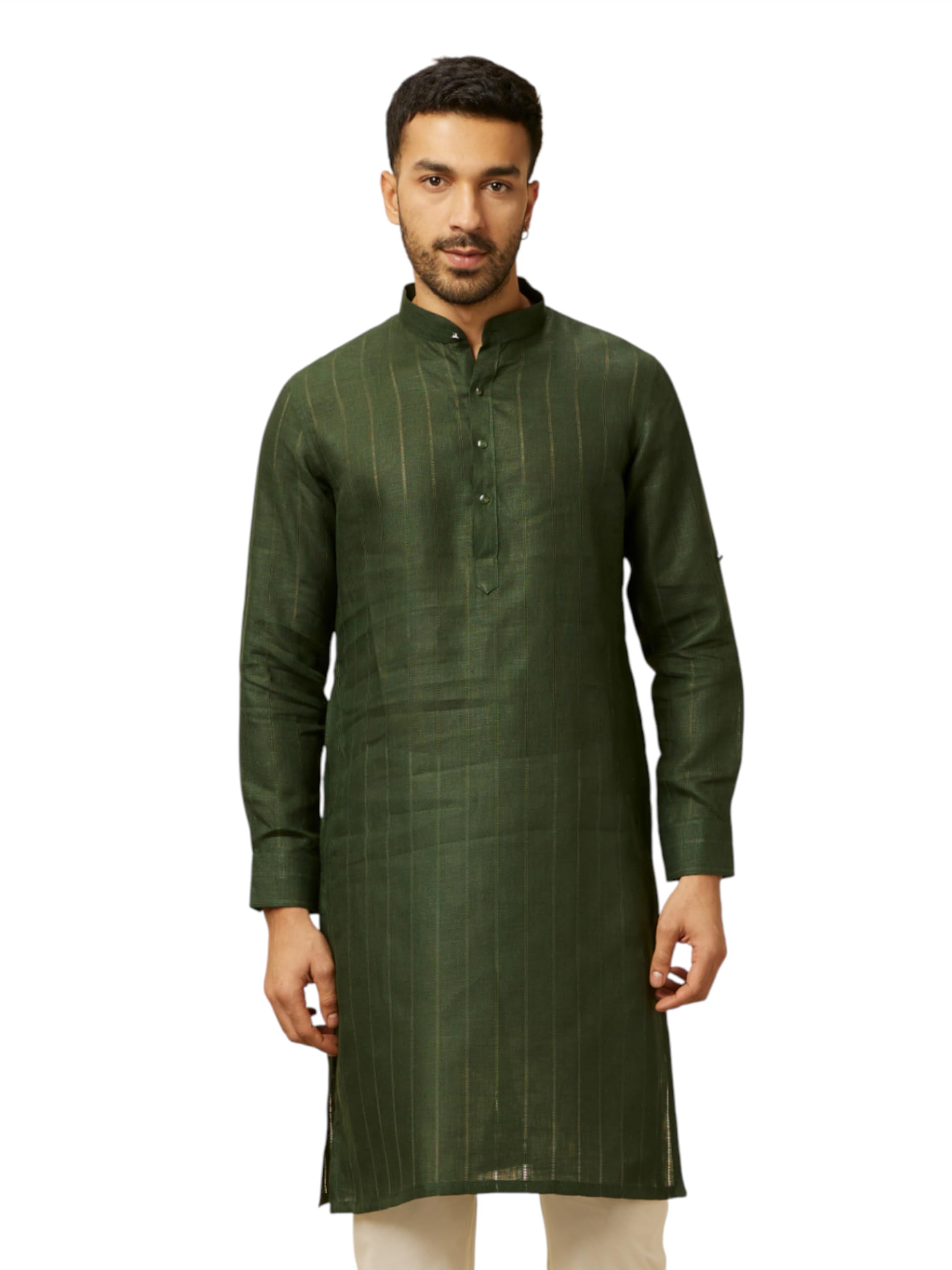 Manyavar Green Linen Plain Kurtas
