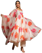 ANNI DESIGNER Womens Chanderi Cotton Flowers Printed Anarkali Kurta and Pant with Dupatta Set (Anarkali-White_XL_White_X-Large)