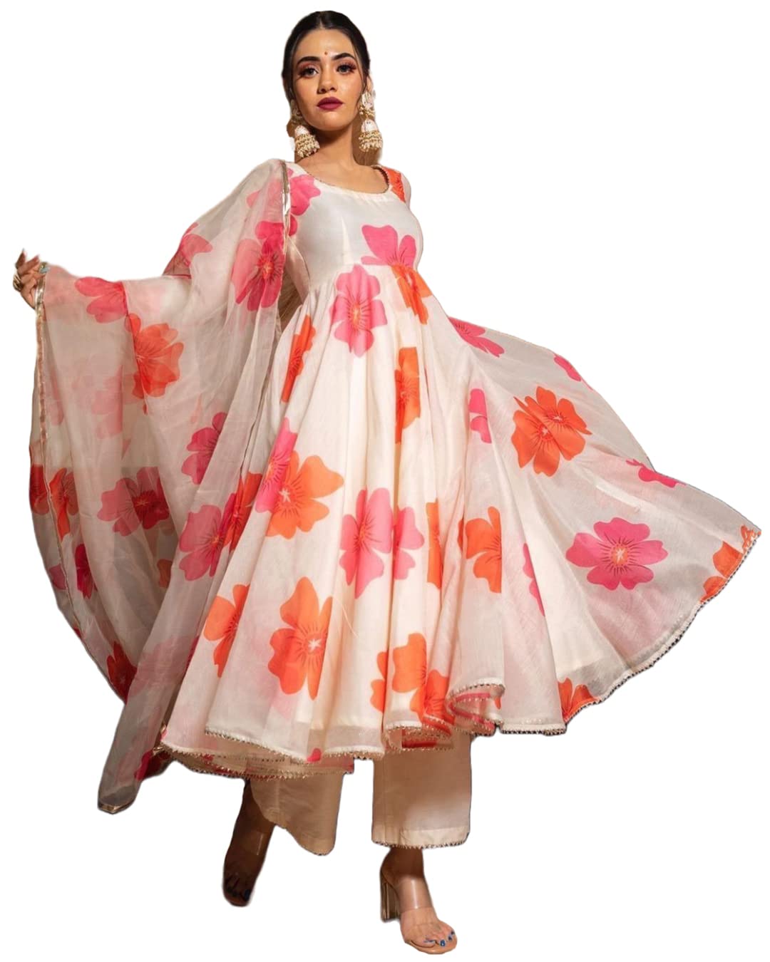 ANNI DESIGNER Womens Chanderi Cotton Flowers Printed Anarkali Kurta and Pant with Dupatta Set (Anarkali-White_XXL_White_XX-Larg