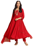 ANNI DESIGNER Womens Rayon Blend Anarkali Embroidered Kurta with Pant & Dupatta (Bobheli Red_XL_Red_X-Large)