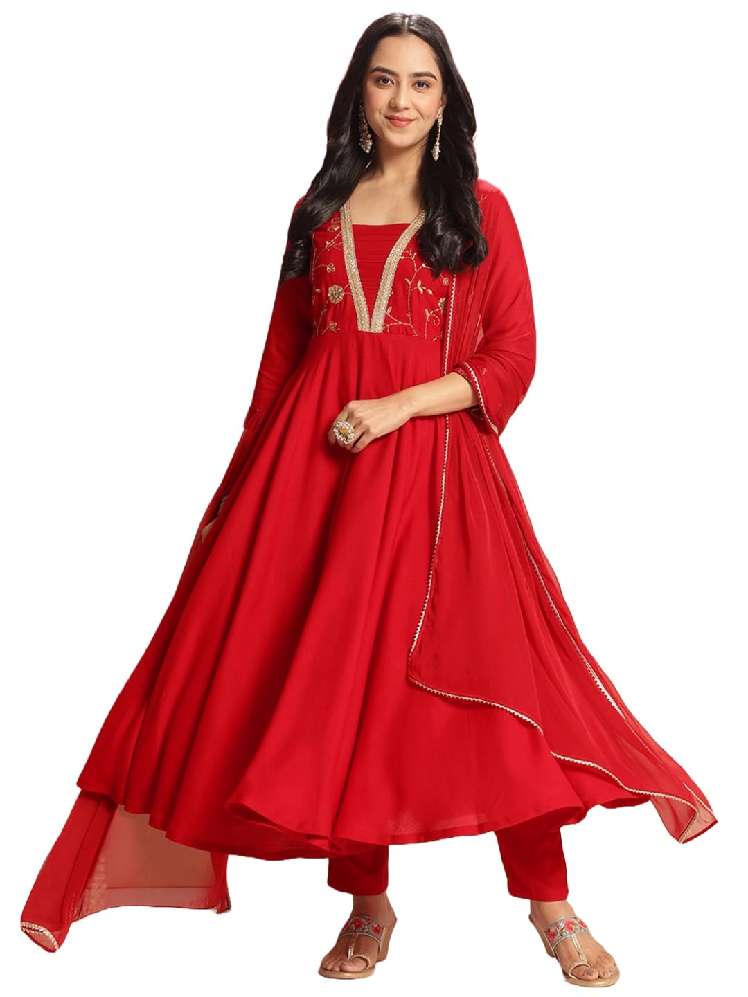 ANNI DESIGNER Womens Rayon Blend Anarkali Embroidered Kurta with Pant & Dupatta (Bobheli Red_XL_Red_X-Large)