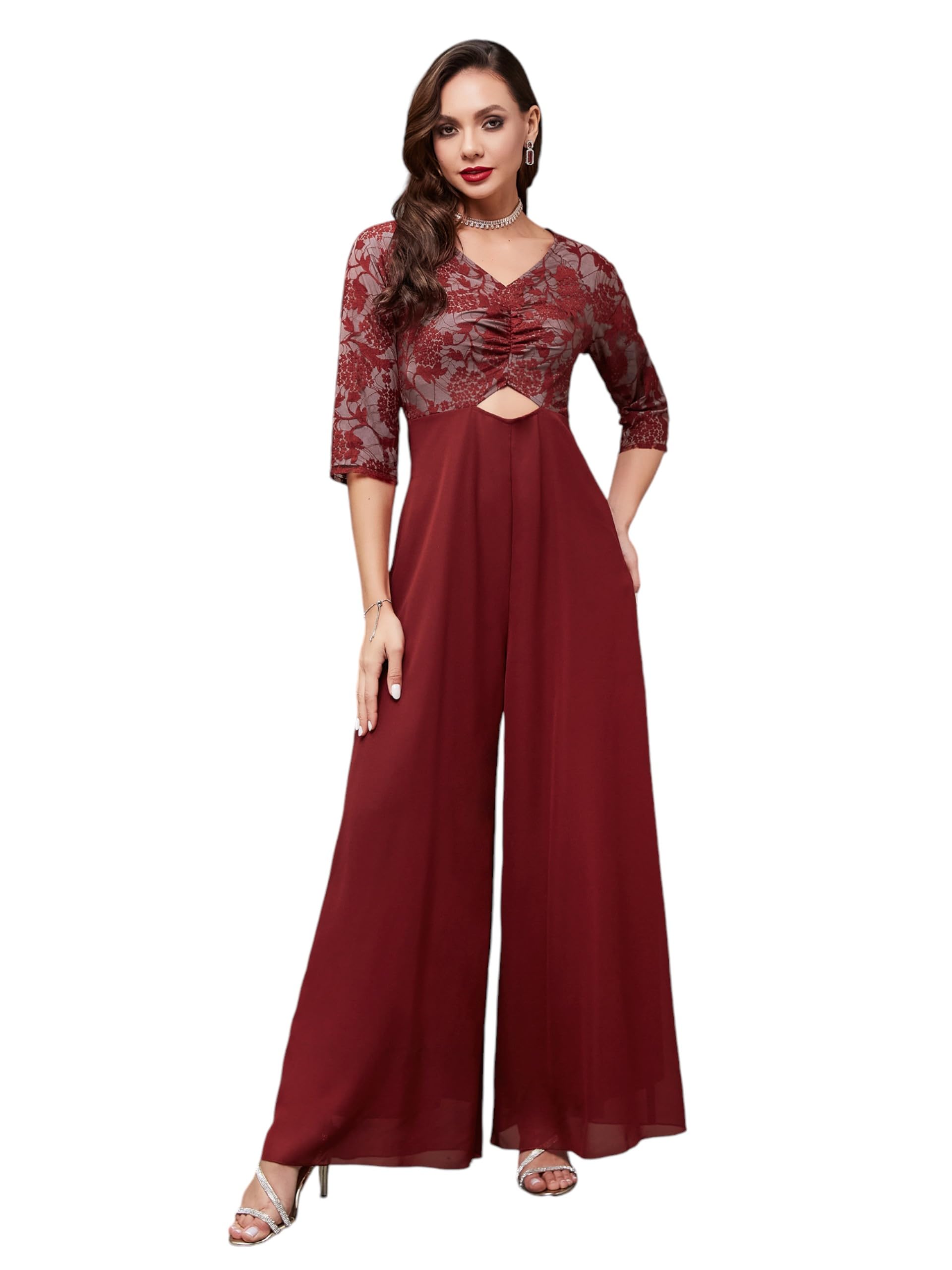 Miss Chase Womens V Neck Full Sleeve Regular Length Jumpsuit (MCSS25D93-84-143-03, Maroon, S)