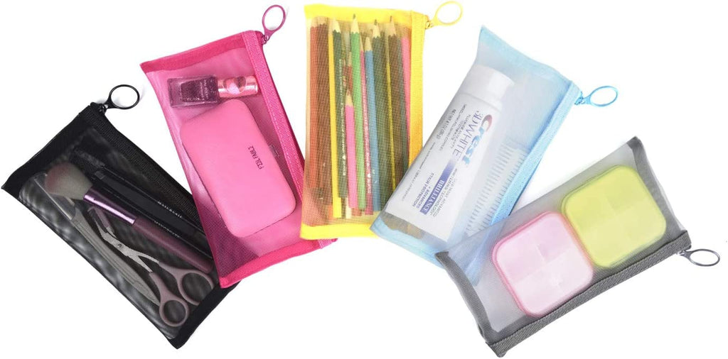 patu Zipper Mesh Bags, Pencil Case, 5 Pieces, Beauty Makeup Cosmetic Accessories Organizer, Travel Toiletry Kit Set Storage Pouc