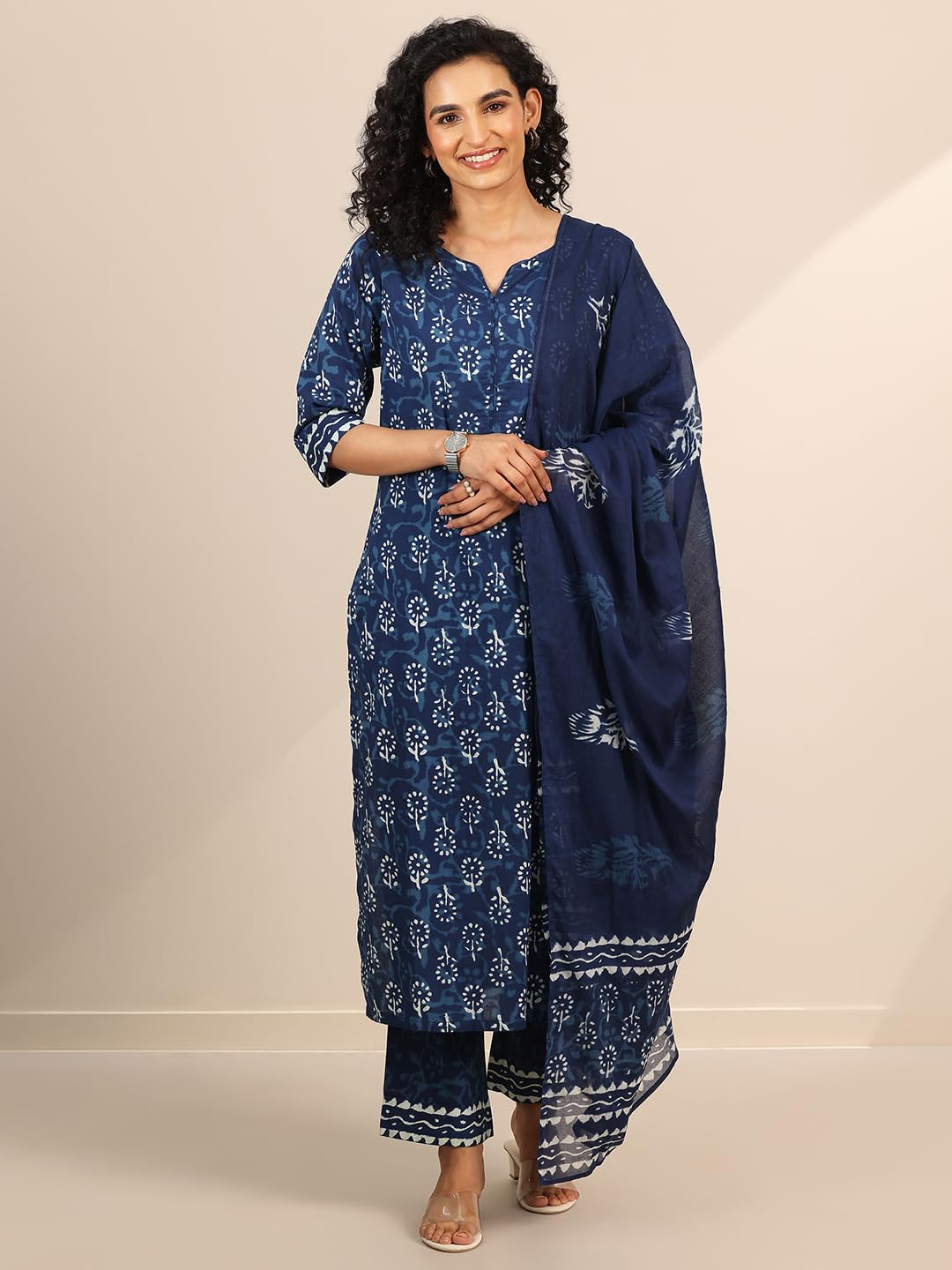 Libas WomenS Cotton Floral Kurta Set (400032Or_Blue