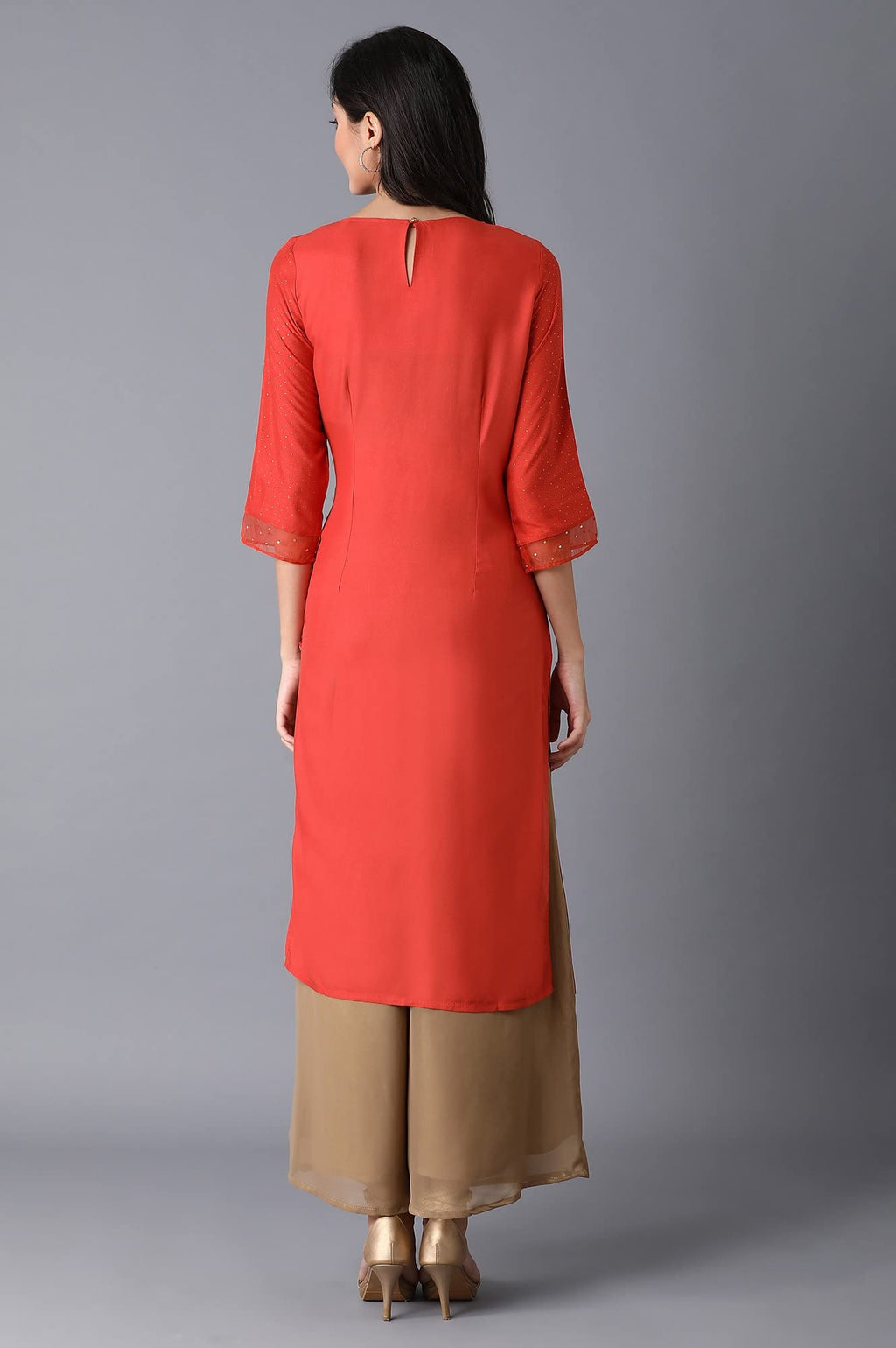 W For Woman Orange Polka Dot Glitter Regular Kurta With Metallic Embroidery