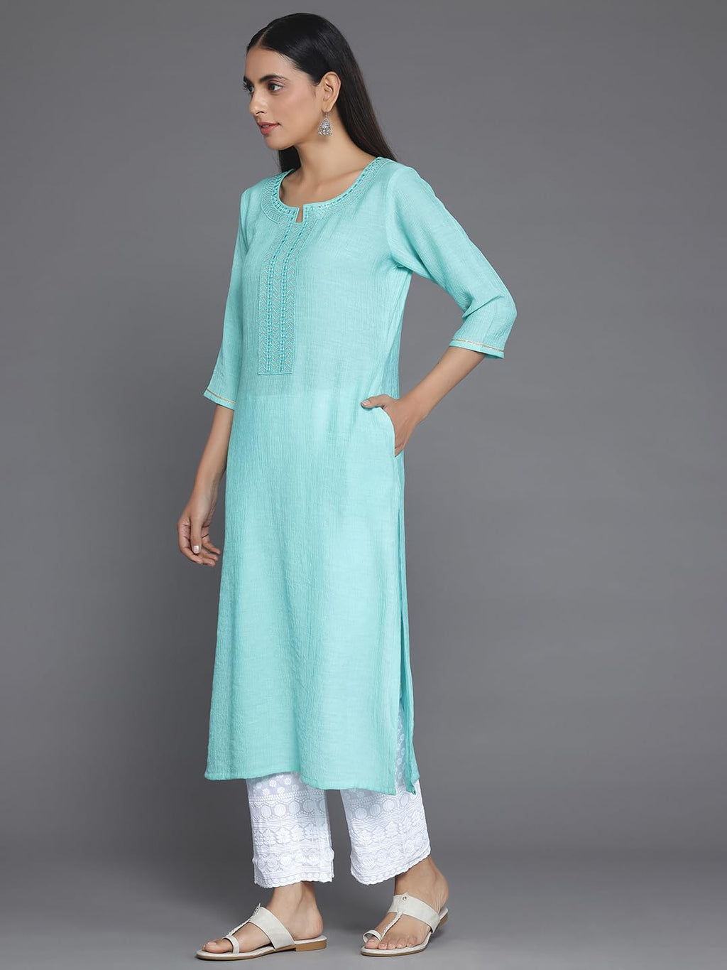 Libas WomenS Cotton Yoke Design Straight Kurta (26815_Blue